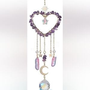 Heart Shaped Hanging Suncatcher Made from Natural Amethyst Chip Beads.